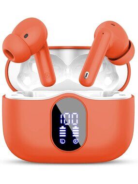 Wireless Orange Bass Stereo Noise Cancelling Mic LED Display Bluetooth Earbud
